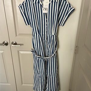 Zara Navy and White Striped Linen Dress